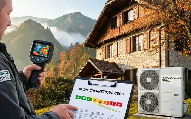 Énergiste réalisant un audit CECB Plus avec caméra thermique sur une maison fribourgeoise équipée d'une pompe à chaleur