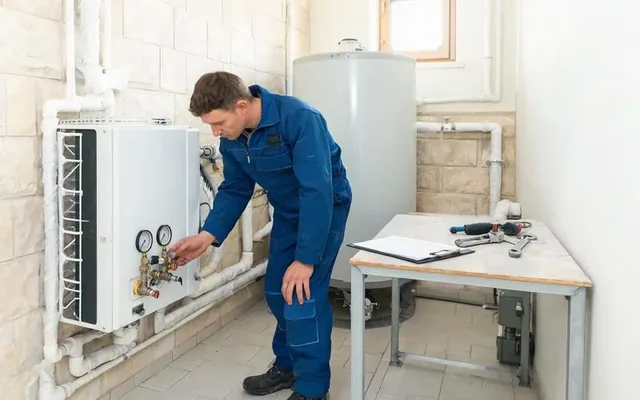 Technicien de chauffage effectuant l'entretien annuel d'une pompe à chaleur air-eau dans la chaufferie d'une villa du canton de Fribourg