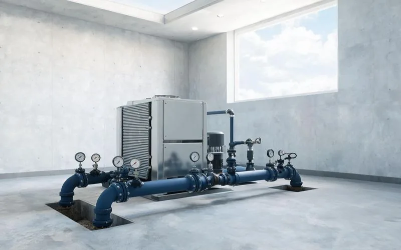 Pompe à chaleur eau-eau reliée à un forage de prélèvement d'eau souterraine dans une chaufferie fribourgeoise