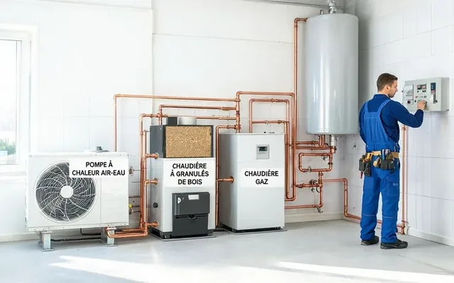 Chaufferie fribourgeoise avec une pompe à chaleur air-eau couplée à une chaudière à granulés et une chaudière gaz