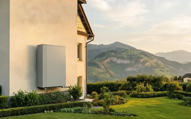 Pompe à chaleur air-eau installée contre la façade d'une villa du canton de Fribourg