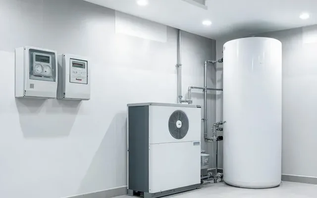 Compteur électrique et boîtier de tarification bi-horaire dans une chaufferie moderne avec une pompe à chaleur air-eau